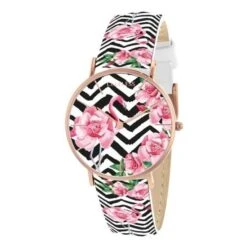 CLUELESS - BCL10032-053 / Montre Rayé Boitier Rose Gold Fond Blanc Roses Femme