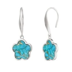 LA BELLE VIE Boucles D'Oreilles System Crochet Argent 925 Rhodié Avec Un Fleur Serti De Pierre Turquoise Mojave Pendant Femme
