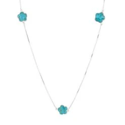 LA BELLE VIE Sautoir Argent 925 Rhodié Avec Cinq Fleurs Serti De Pierre Turquoise Mojave Travaillé Recto-verso
